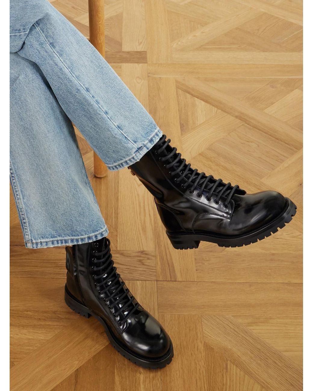 Dolce & Gabbana Black Logo-Embellished Patent-Leather Ankle Boots