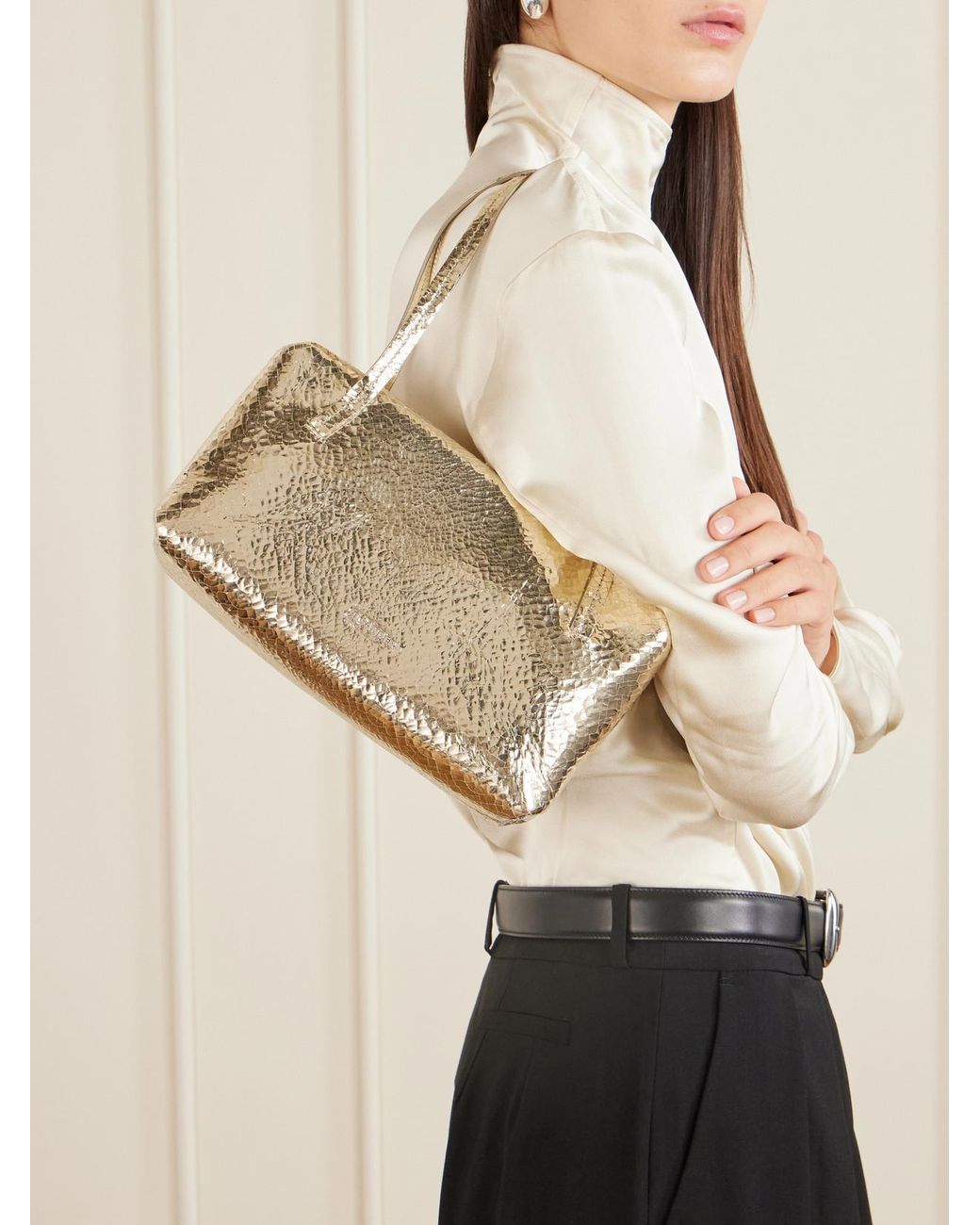 Jil Sander Natural Goji Pillow Small Crinkled Metallic Leather Shoulder Bag