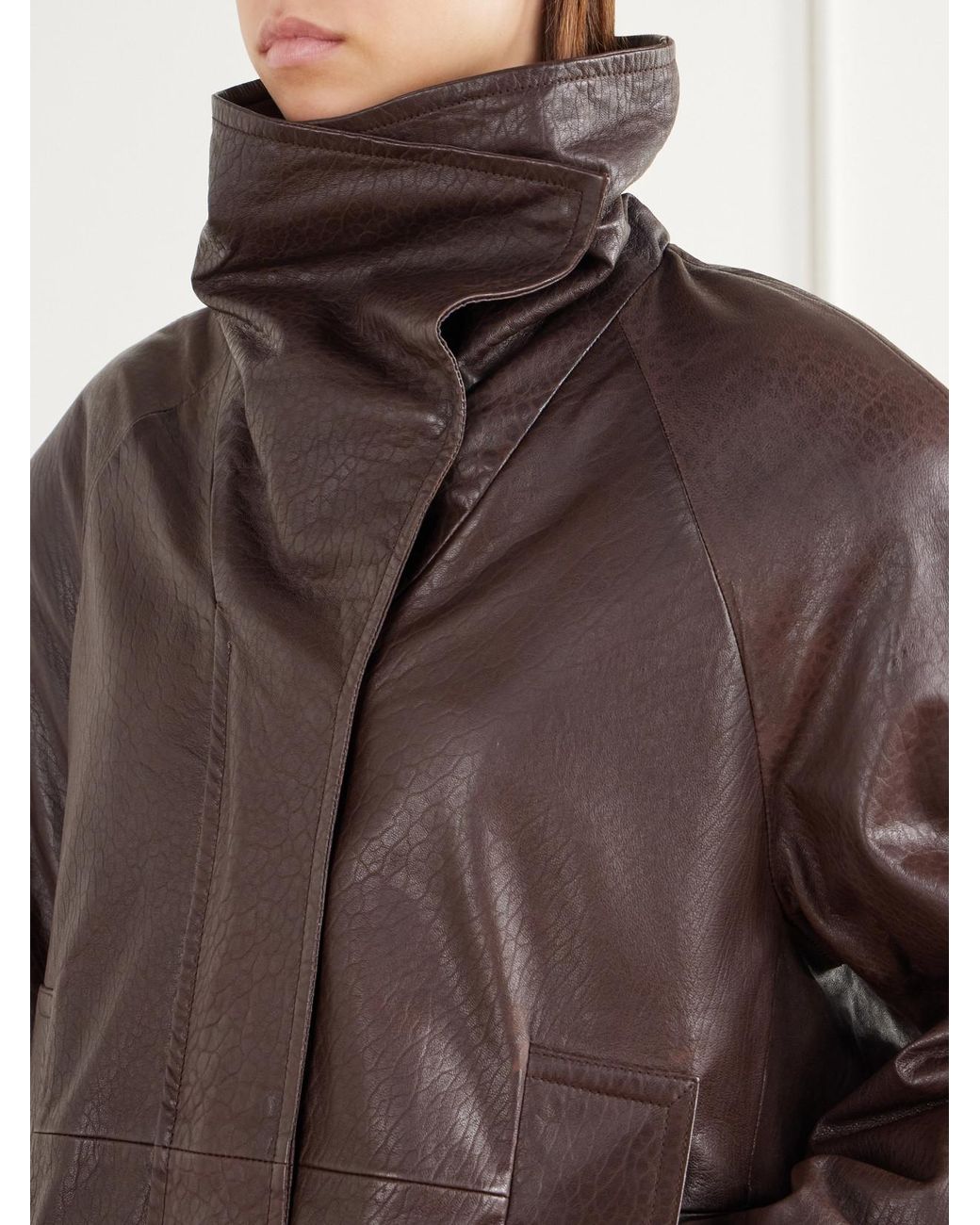 Sportmax Brown Salaggio Funnel-Neck Paneled Hammered And Glossed Leather Jacket