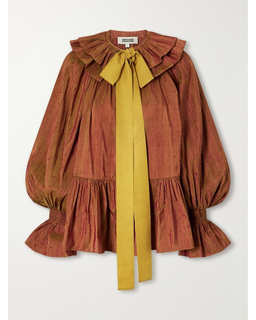 Christopher John Rogers Orange Pussy-Bow Ruffled-Collar Gathered Silk-Dupioni Blouse