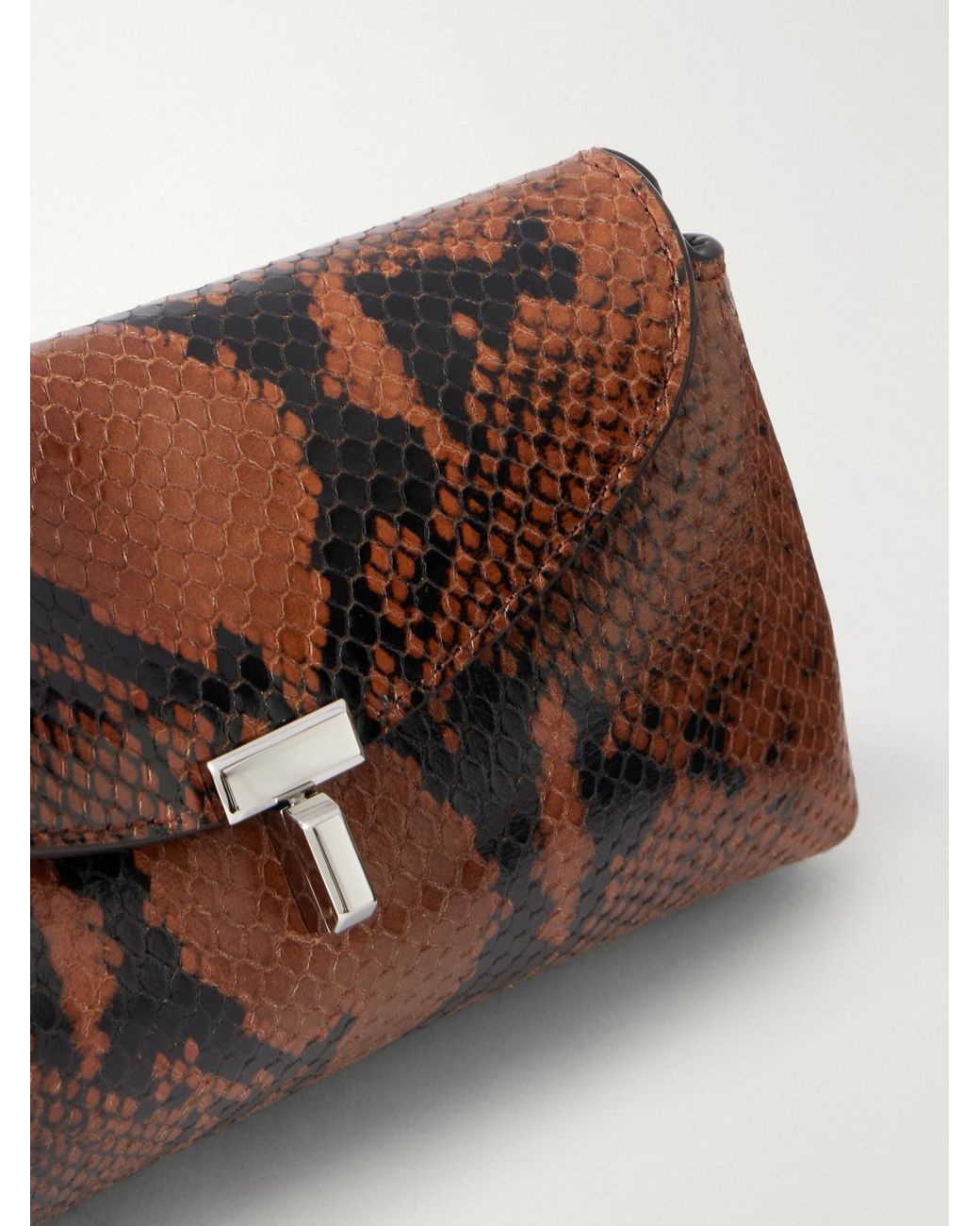 Totême Brown T-Lock Mini Snake-Effect Leather Clutch