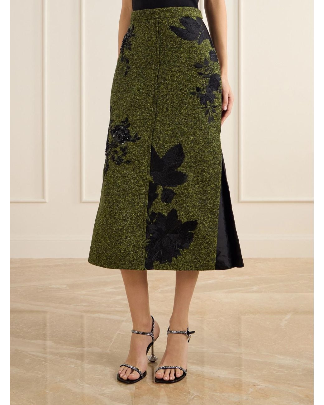 Erdem Green Embellished Floral-Embroidered Pleated Satin And Twill Midi Skirt