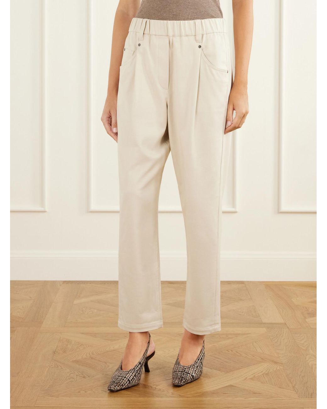 Brunello Cucinelli White Tapered Cotton-Blend Trousers