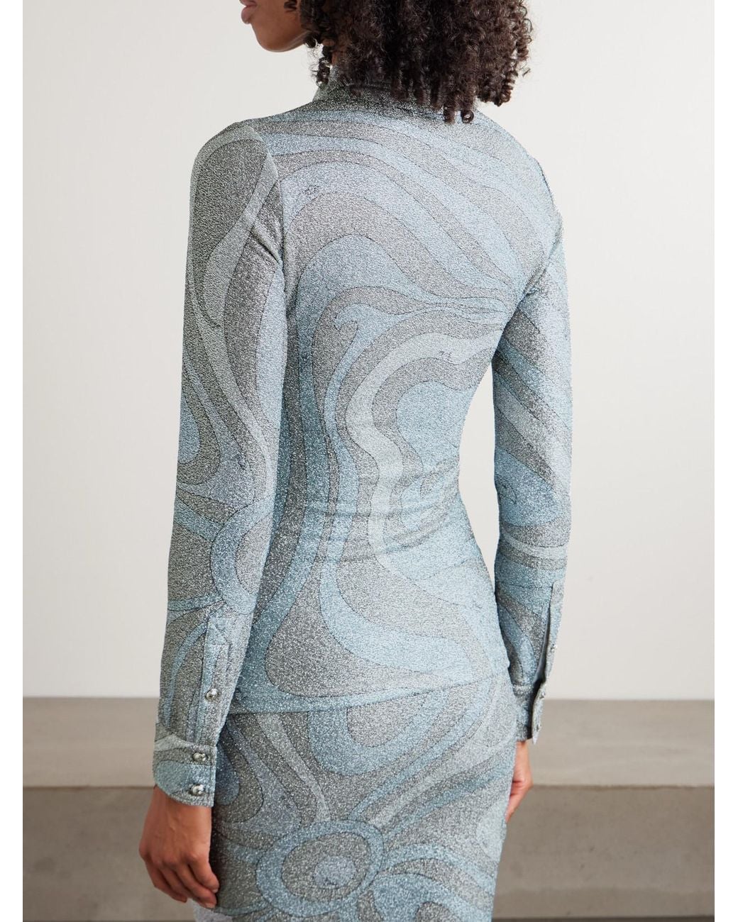 Emilio Pucci Blue Printed Metallic Jersey Polo Shirt