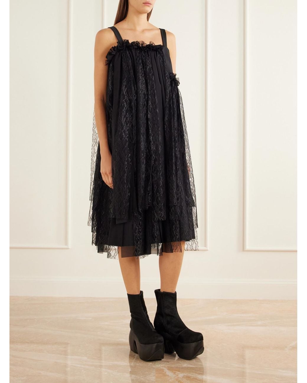 Comme des Garçons Black Ruffled Lace And Chiffon-Trimmed Drill Midi Dress