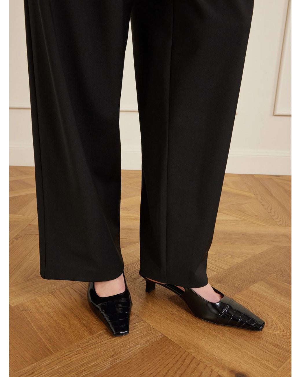 Tod's Black Embellished Croc-Effect Leather Slingback Pumps