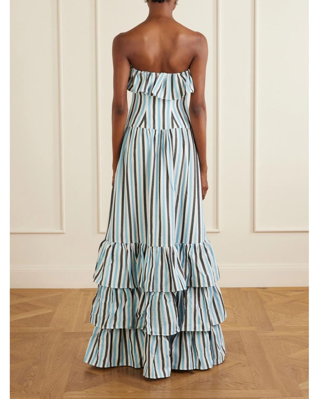 Marrakshi Life Blue Ruffled Striped Cotton Maxi Dress