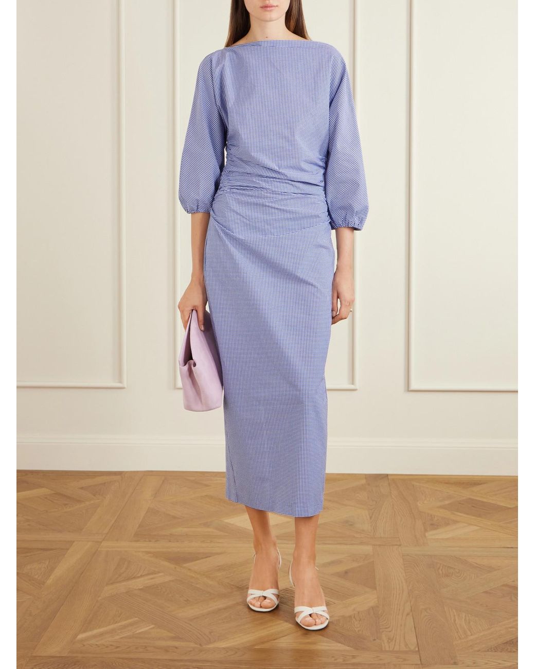 BERNADETTE Purple Checked Cotton Midi Dress