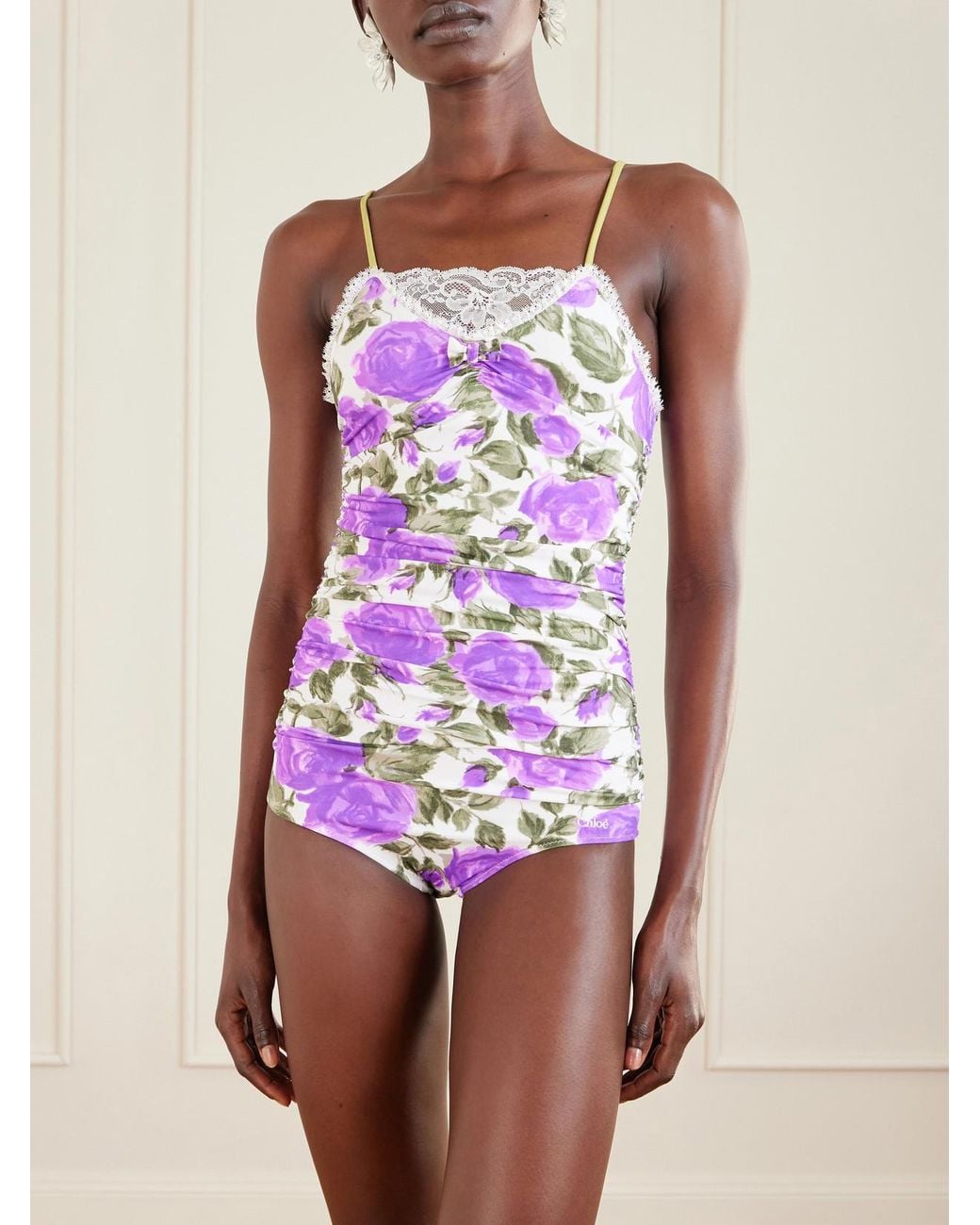 Chloé Pink Bow-Detailed Ruched Lace-Trimmed Floral-Print Swimsuit