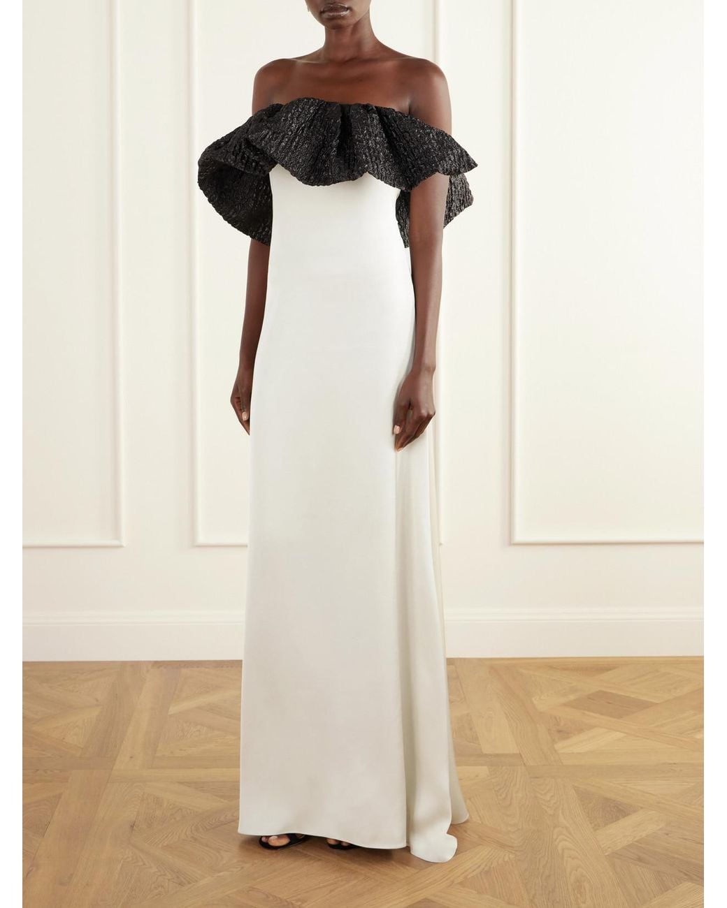 Dima Ayad Black Off-The-Shoulder Cloqué-Trimmed Satin Gown