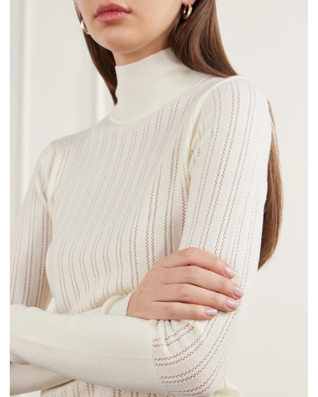 Maria McManus Natural Pointelle-Knit Merino Wool Mock-Neck Top