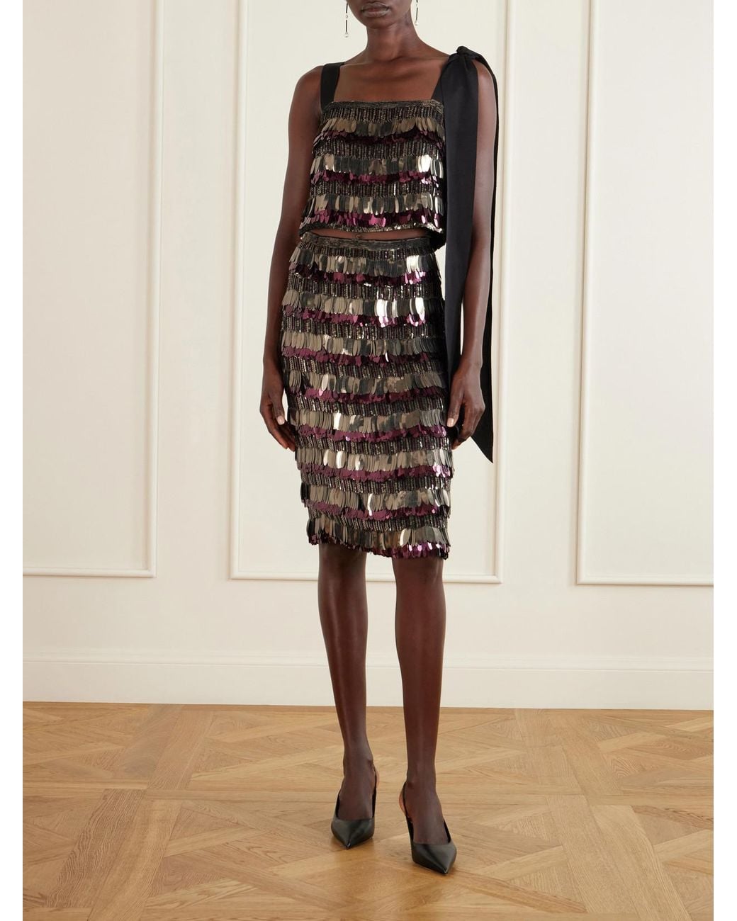 Carolina Herrera Black Embellished Silk Double-Georgette Midi Skirt