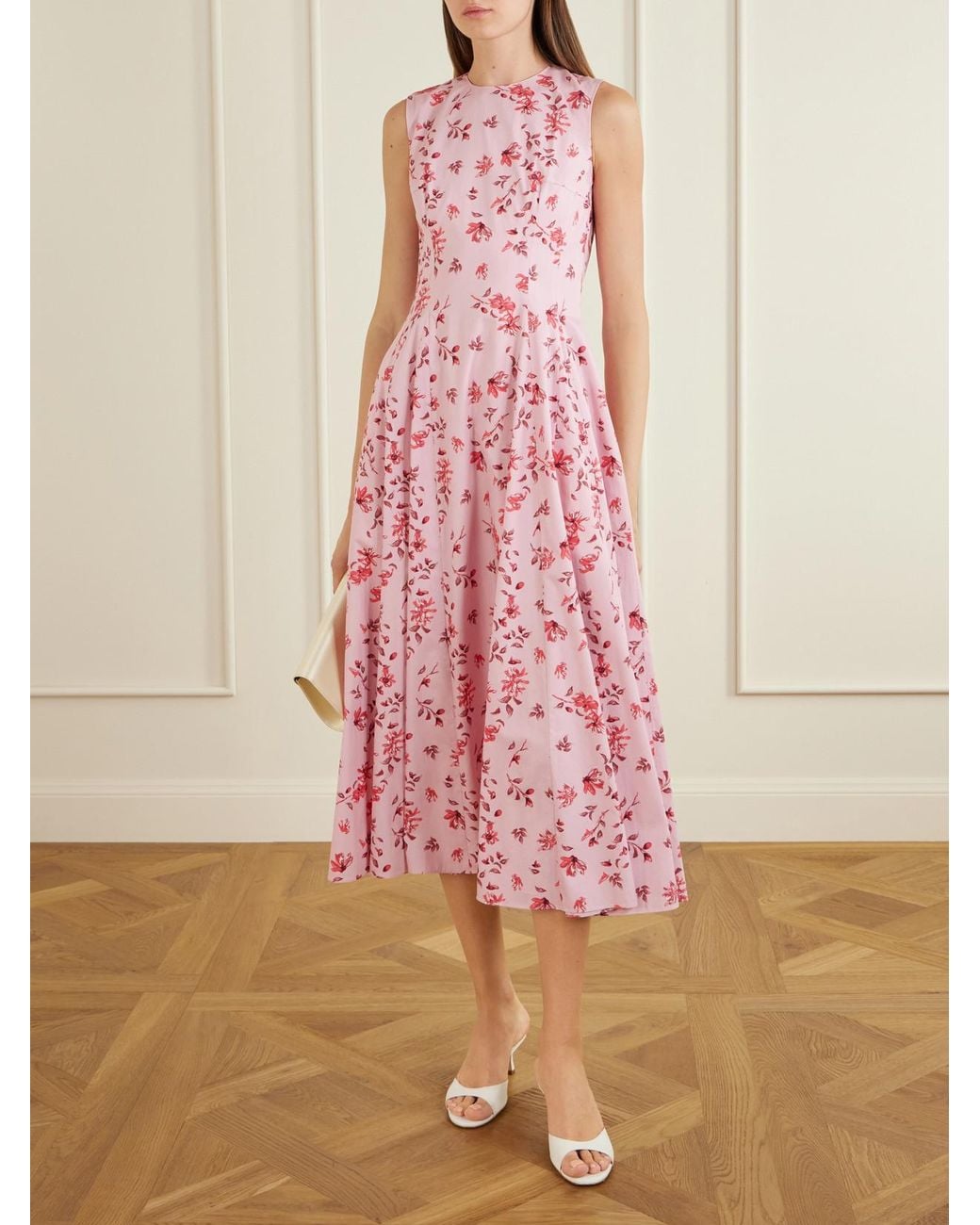 Emilia Wickstead Pink Chelsea Pleated Floral-Print Organic Cotton-Poplin Midi Dress