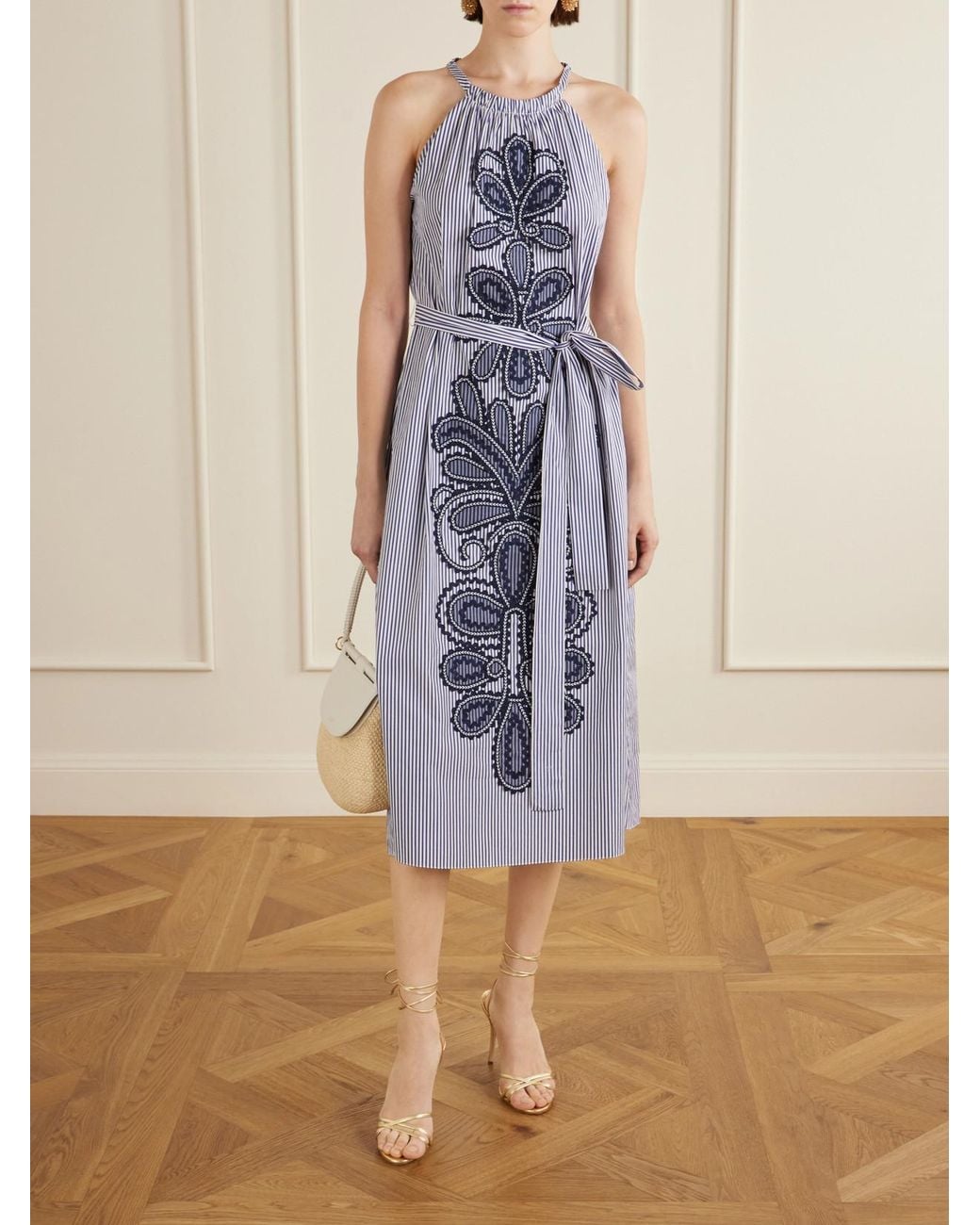 Carolina Herrera Blue Belted Striped Embroidered Cotton-Poplin Halterneck Midi Dress