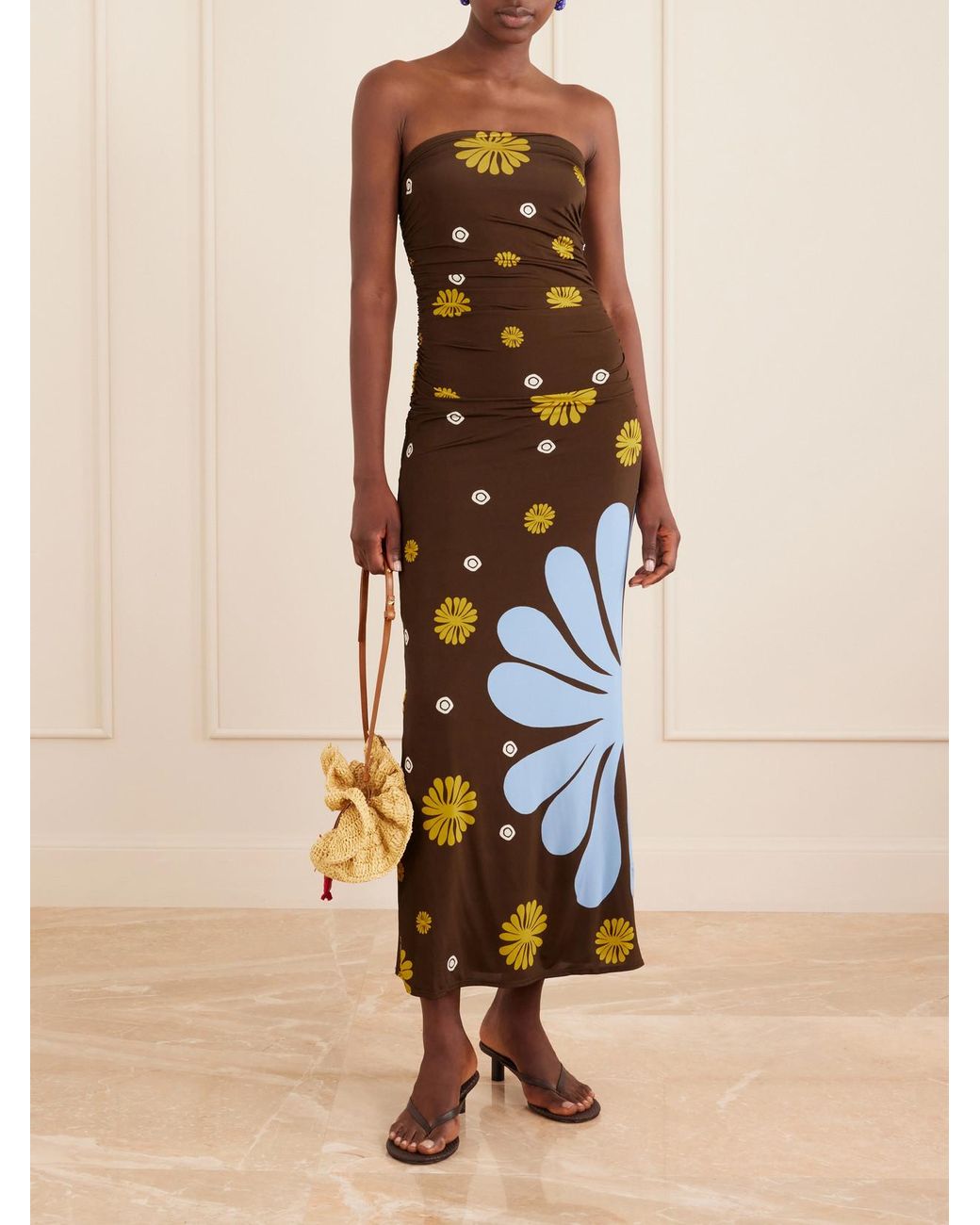 Cala De La Cruz White Daphne Ruched Printed Jersey Midi Dress