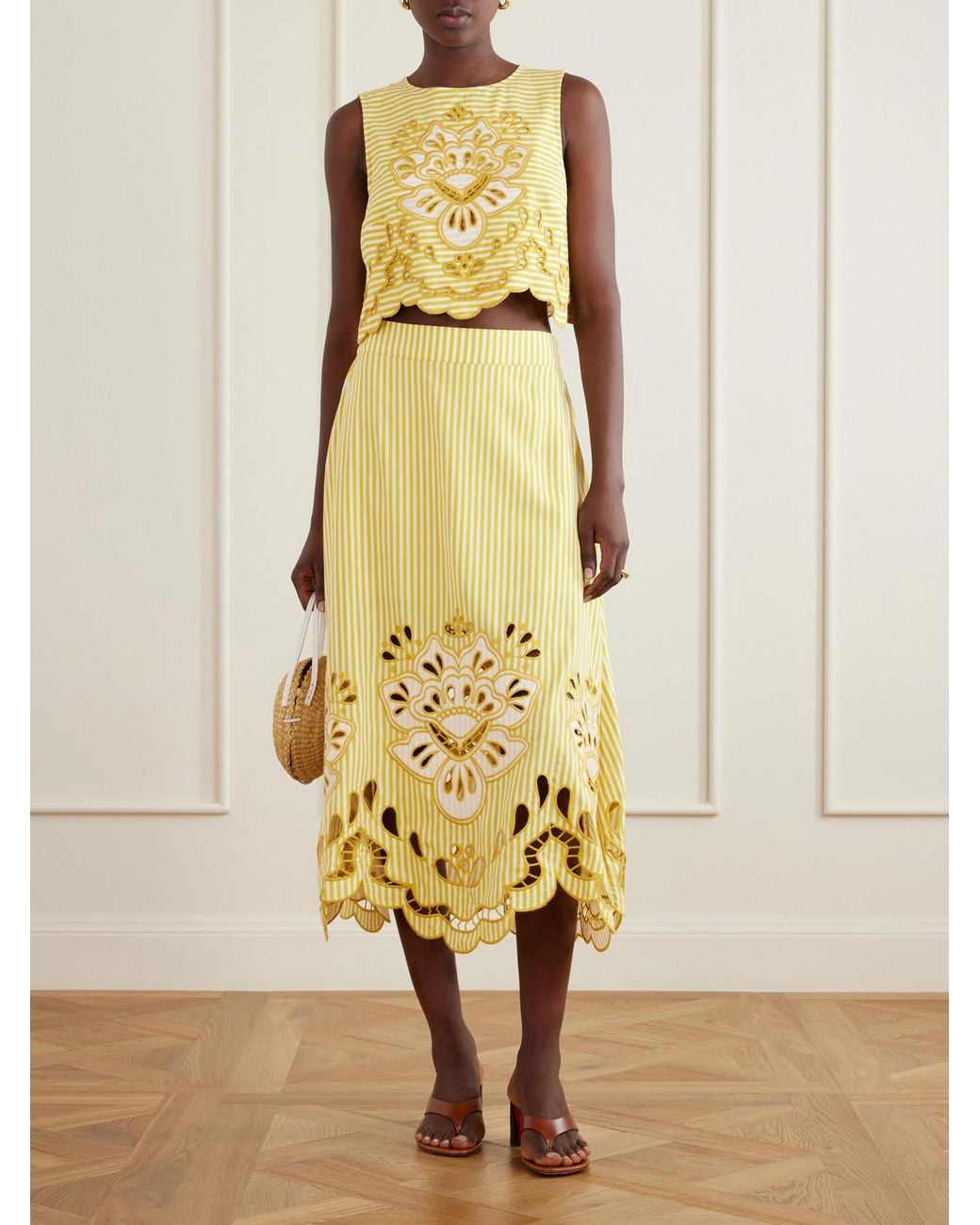 Farm Rio Yellow Striped Broderie Anglaise-Trimmed Linen-Blend Midi Skirt