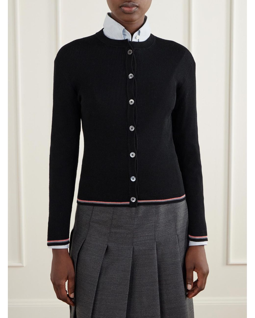 Thom Browne Black Ribbed Merino Wool Cardigan