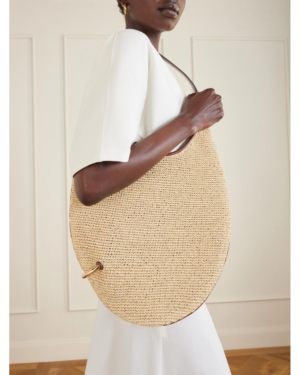 Tory Burch Natural Pierced Embellished Leather-Trimmed Raffia Shoulder Strap