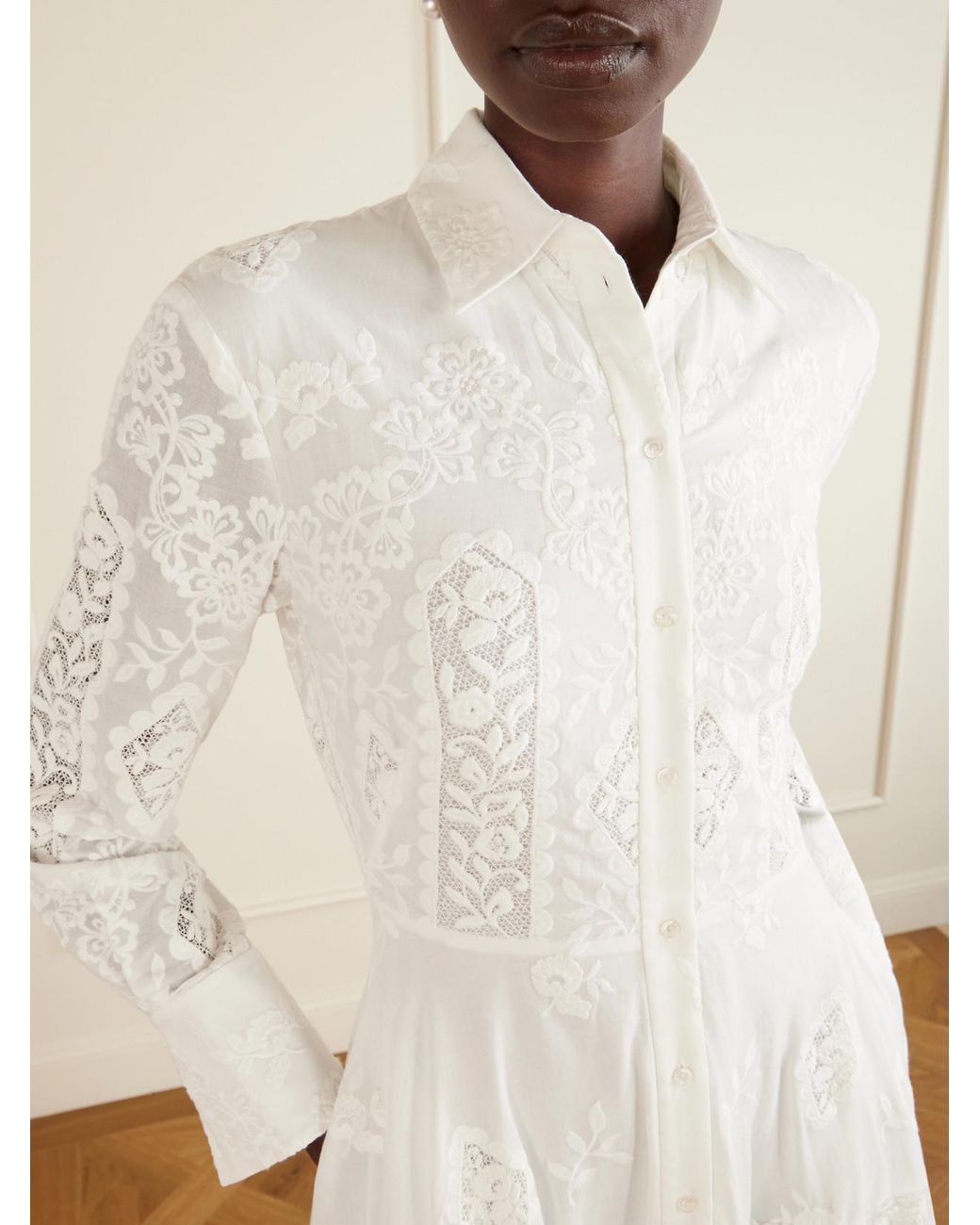 Erdem White Embroidered Cotton-Voile Midi Dress