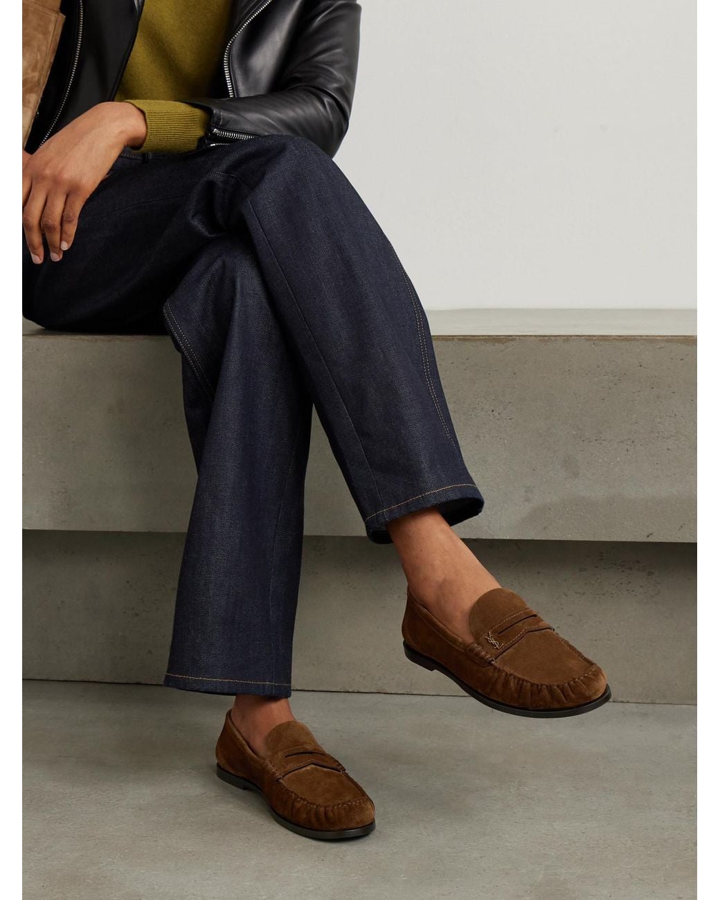 Saint Laurent Brown Laurent Cassandre-Embellished Suede Penny Loafers