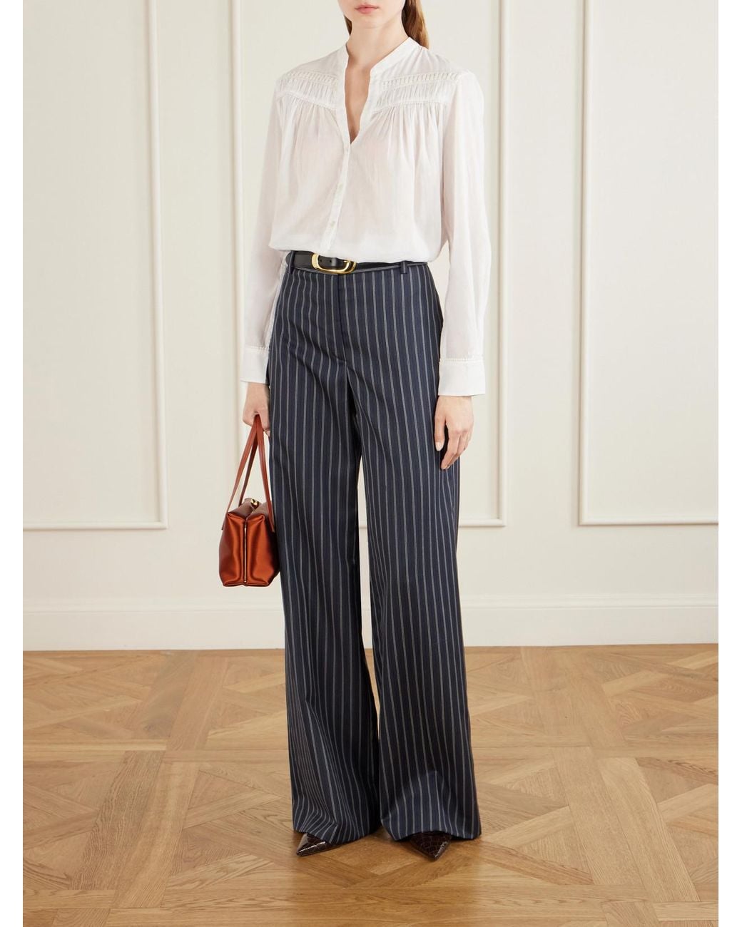 Nili Lotan Blue Rivers Striped Wool Wide-Leg Pants