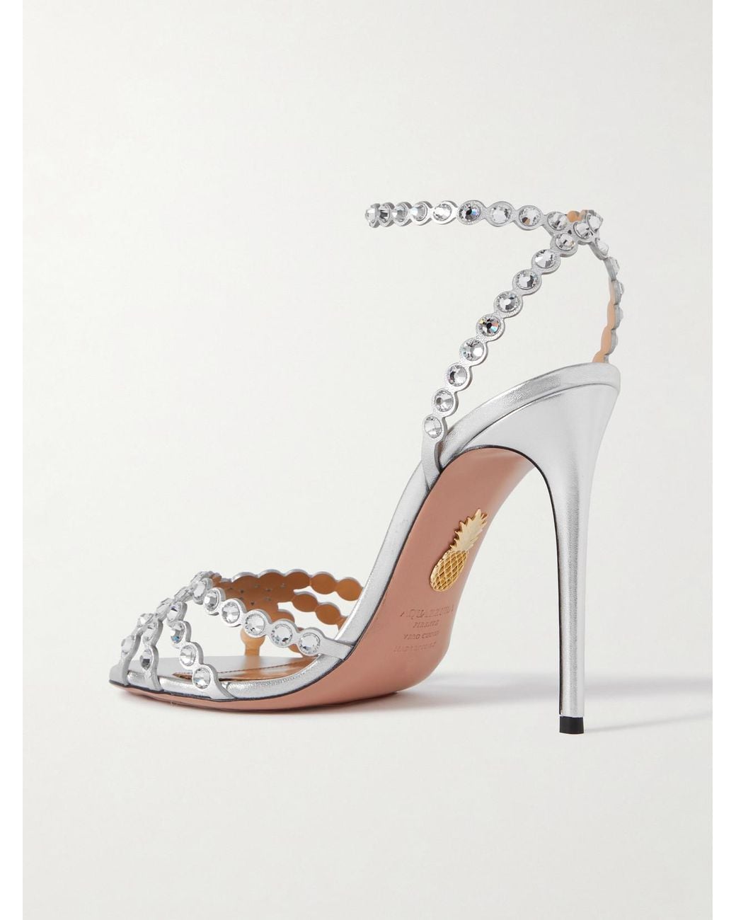 Aquazzura White Tequila 105 Crystal-Embellished Metallic Leather Sandals