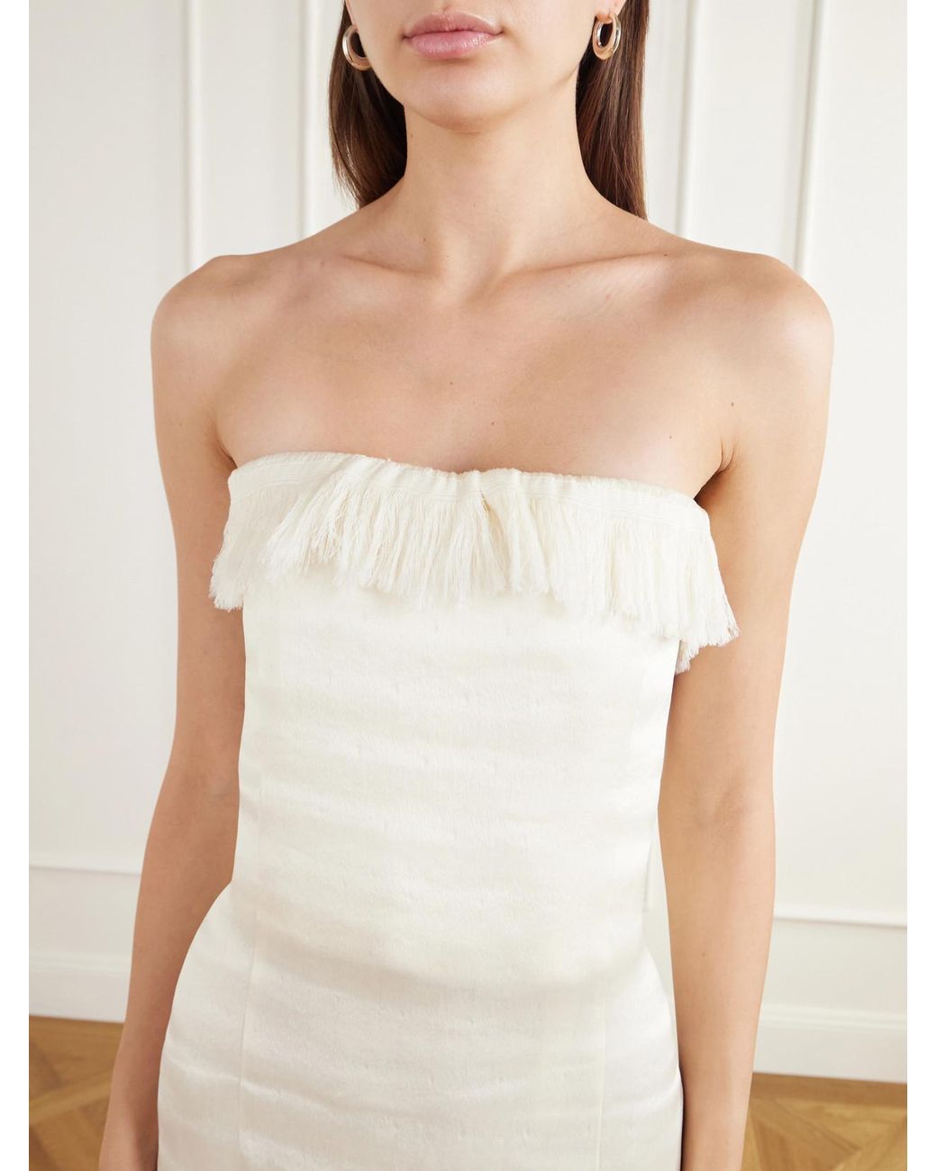 FFORME White Paloma Strapless Fringe-Trimmed Cotton-Blend Voile Maxi Dress