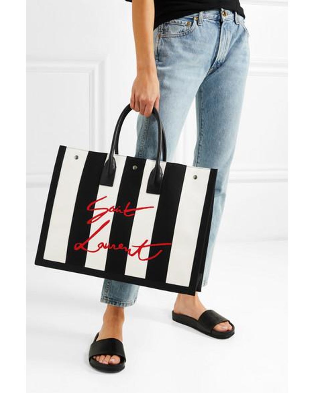 Saint Laurent NOE Striped Logo Tote Bag Large Black in Canvas with  Silver-tone - US