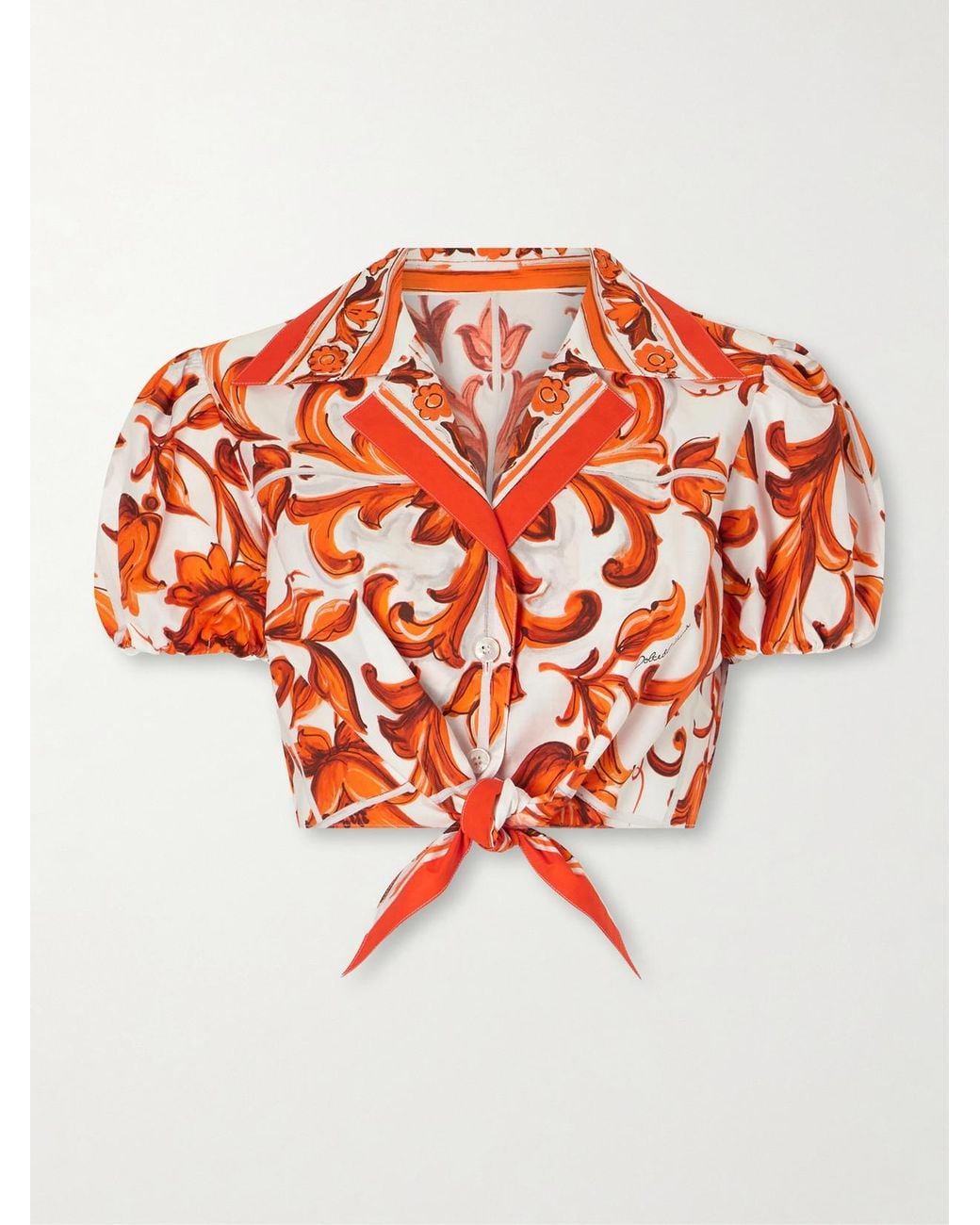 Dolce & Gabbana White Cropped Printed Cotton-Poplin Top