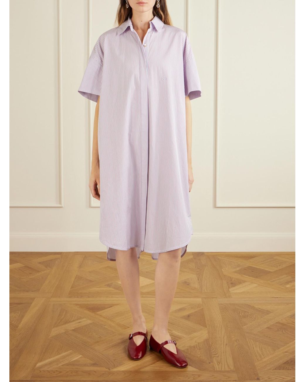 RÙADH Pink Anu Embroidered Striped Organic Cotton-Poplin Midi Shirt Dress