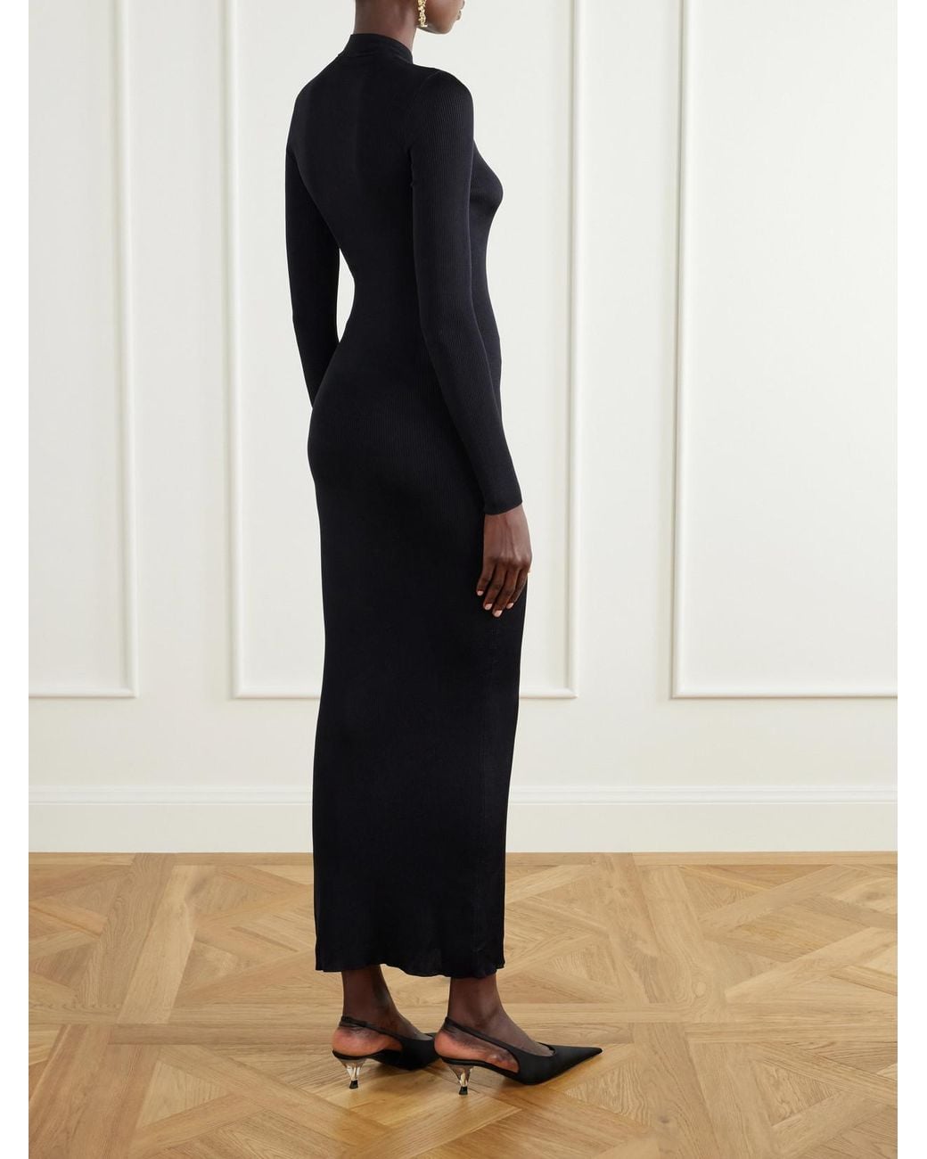 Saint Laurent Blue Cassandre-Embellished Ribbed Silk Midi Dress