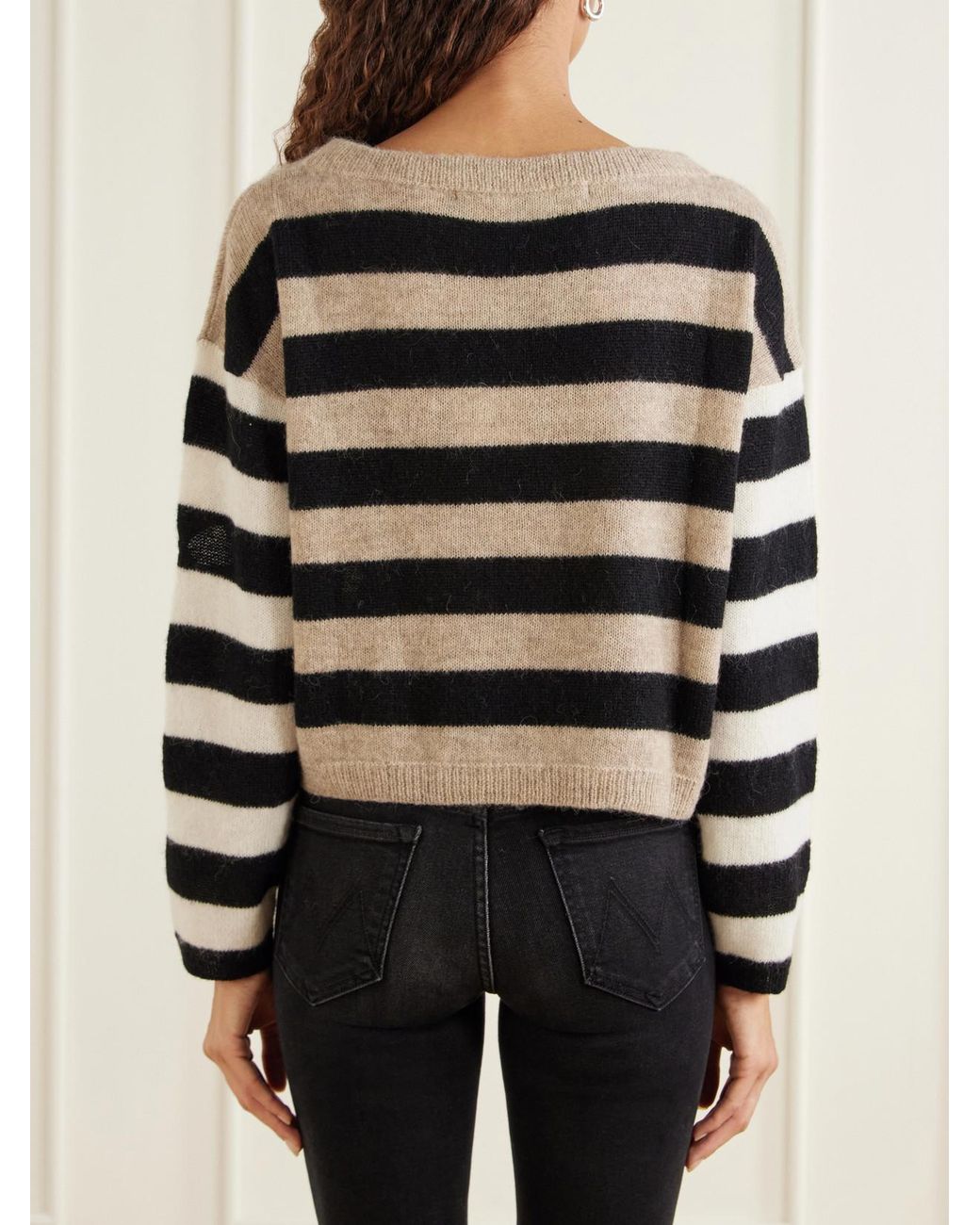 Mother Black The Cold Shoulder Distressed Cropped Striped Alpaca-Blend Sweater