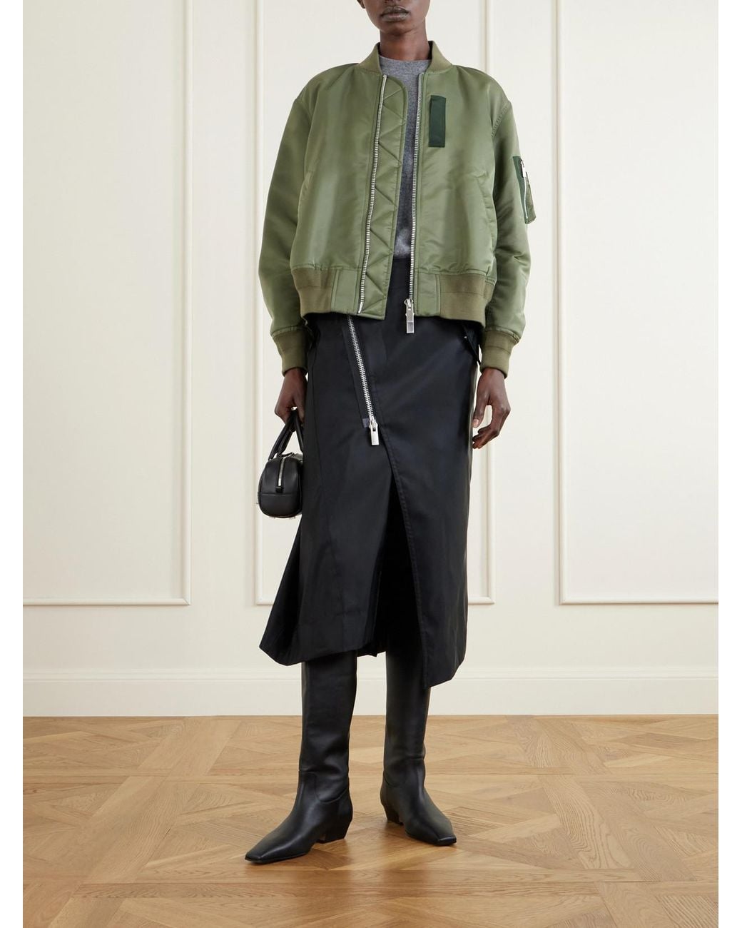 Sacai Green Pleated Padded Shell Bomber Jacket