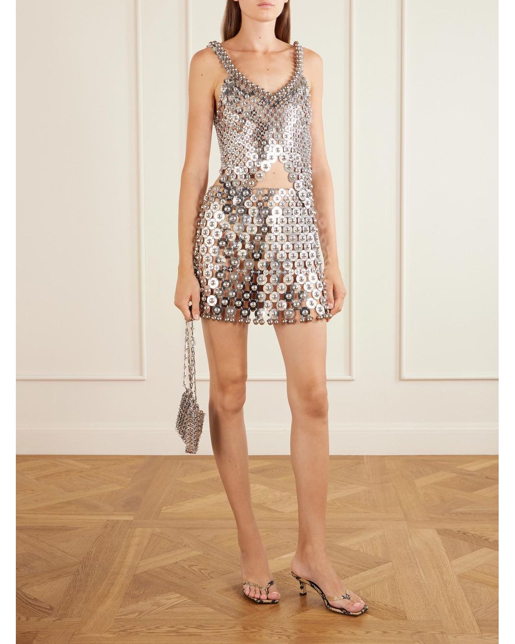 Rabanne White Sequined Bead-Embellished-Tone Chainmail Tank