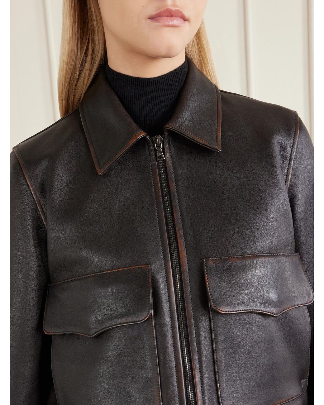 Nili Lotan Black Redley Rib-Trimmed Leather Bomber Jacket