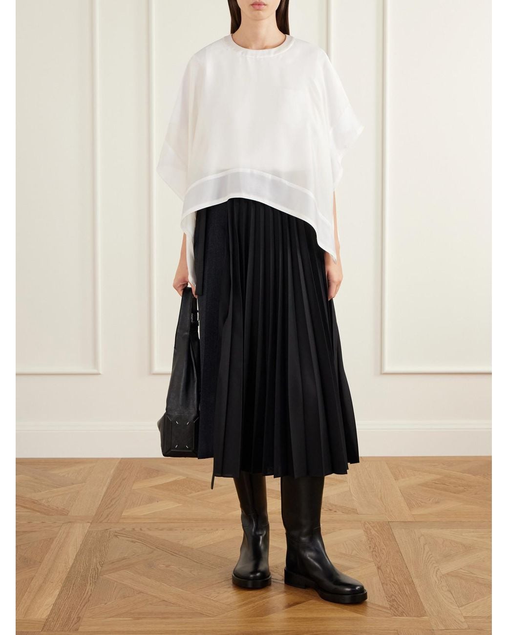 Sacai Black Pleated Herringbone Wool-Blend Midi Skirt