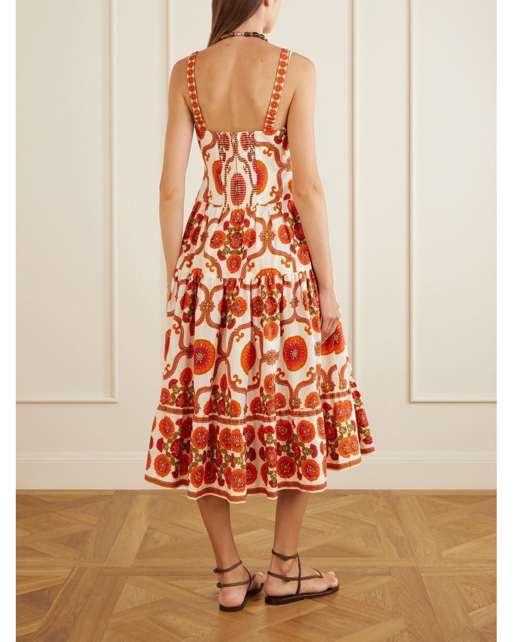 Cara Cara White Margarita Tiered Floral-Print Cotton-Poplin Midi Dress
