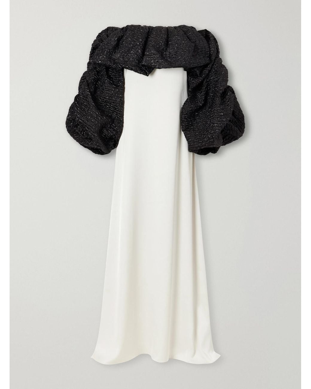 Dima Ayad Black Off-The-Shoulder Cloqué-Trimmed Satin Gown