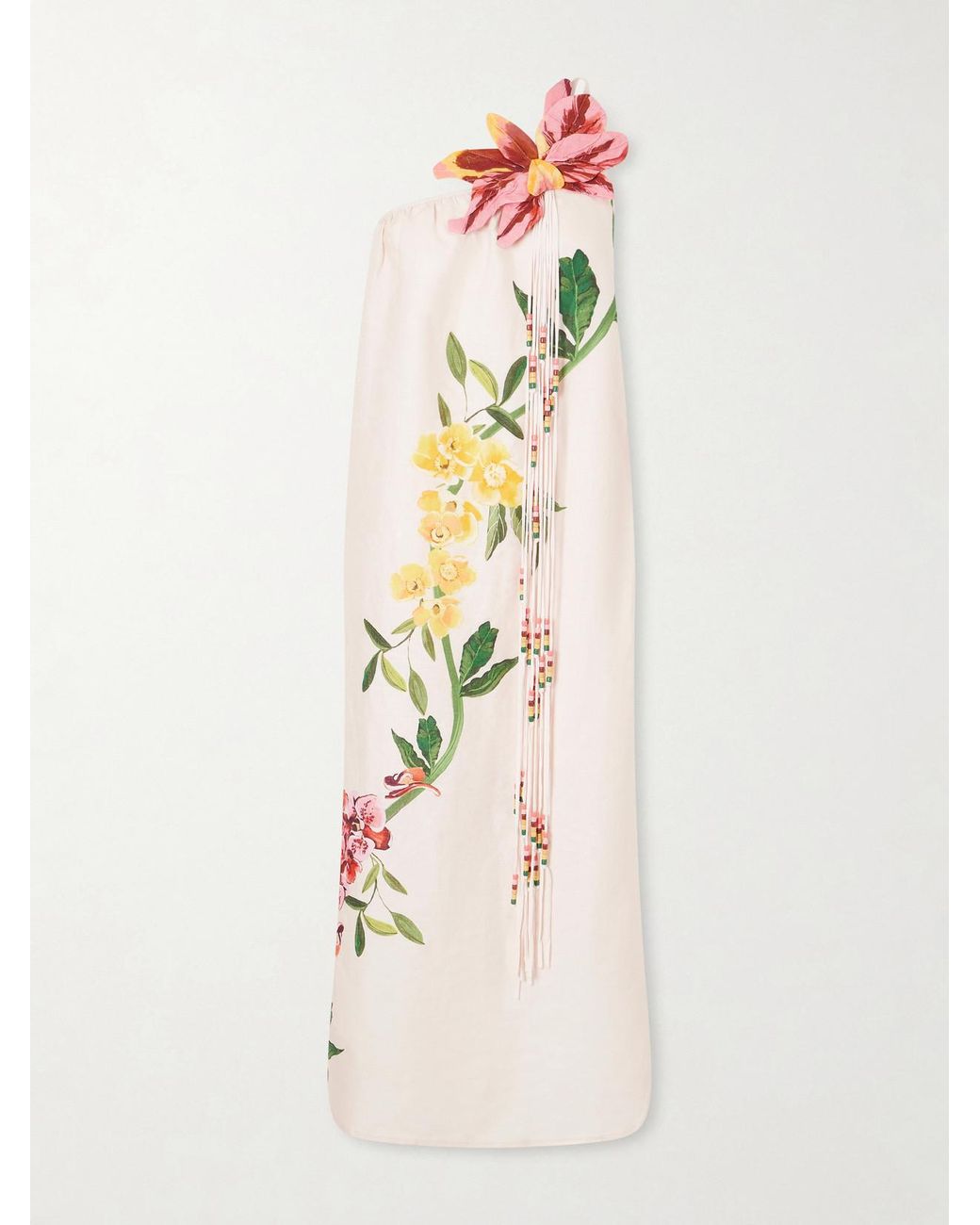 Farm Rio White Garden Terrace Floral-Print Bead-Embellished Linen Maxi Dress
