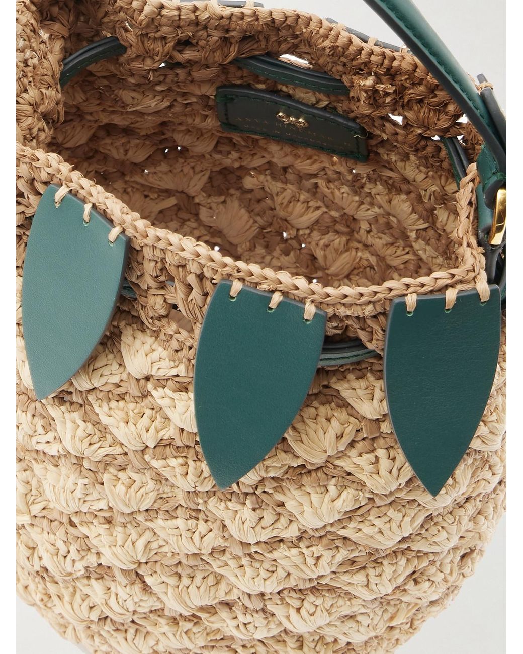Anya Hindmarch Pineapple Leather-Trimmed Raffia Bucket Bag