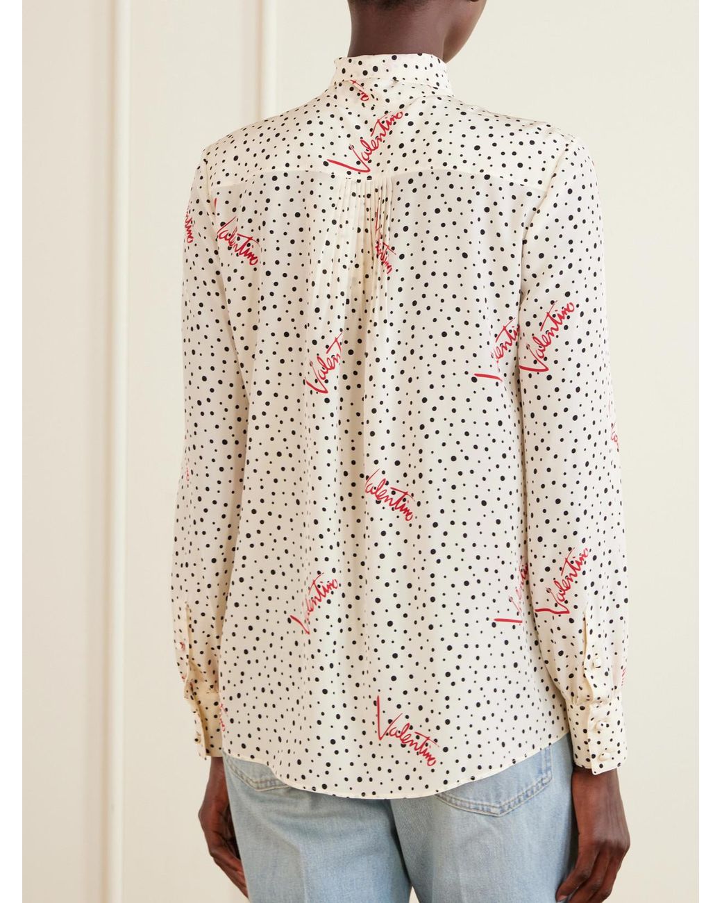 Valentino Garavani White Pussy-Bow Polka-Dot Silk Crepe De Chine Blouse