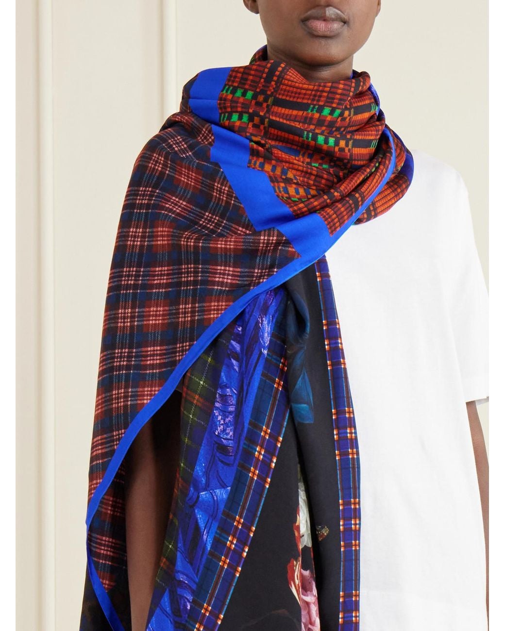 Dries Van Noten Blue Flara Printed Checked Twill Scarf