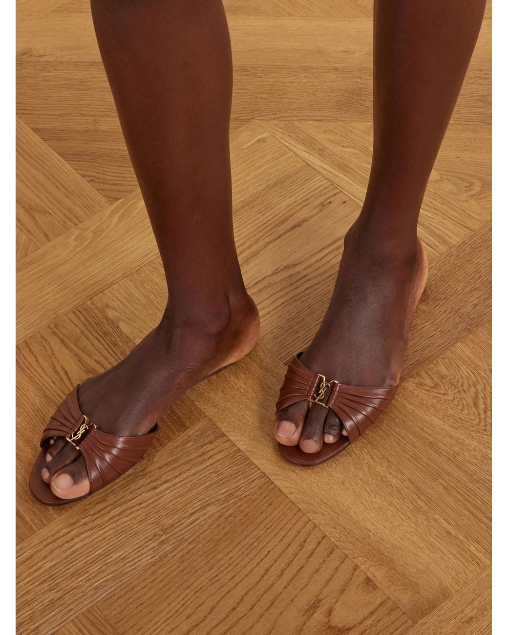 Saint Laurent Brown Babylone Cassandre-Embellished Gathered Glossed-Leather Slides