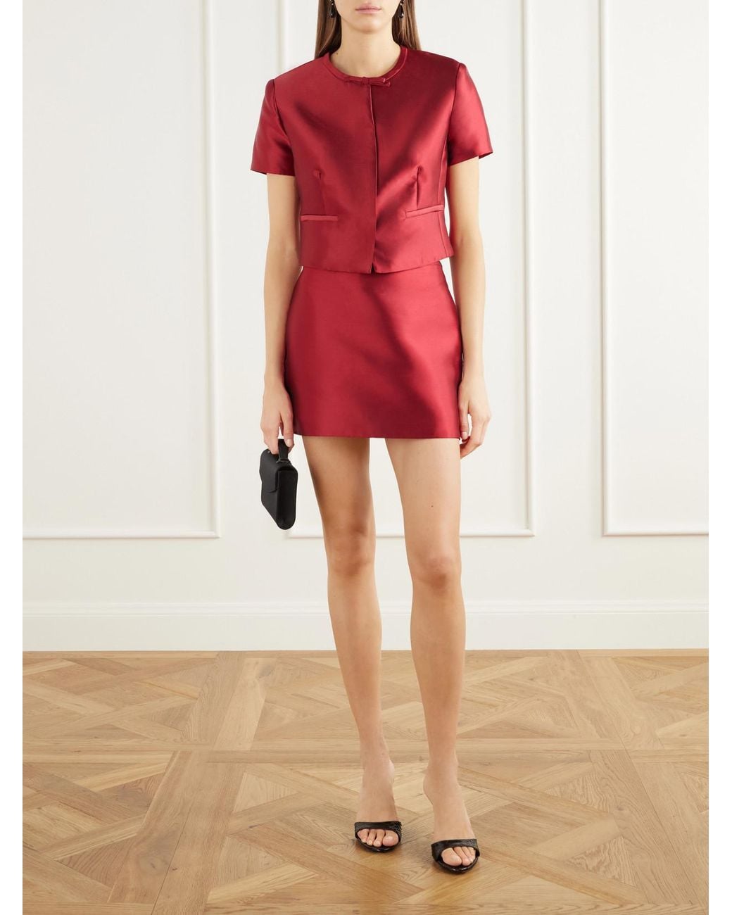 Jonathan Simkhai Red Naelle Bow-Detail Cropped Satin Blouse