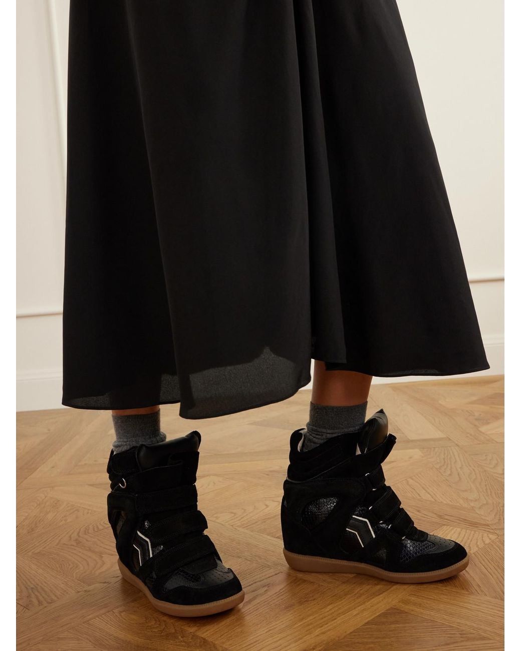 Isabel Marant Black Bekett Suede-Trimmed Snake-Effect Leather Wedge Sneakers