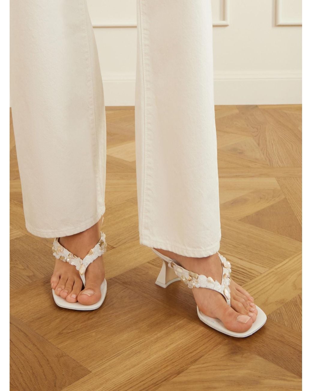 Cult Gaia Natural Abi Bead-Embellished Leather Thong Sandals