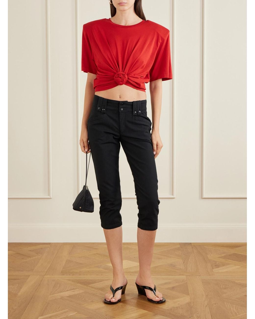 Magda Butrym Red Knotted Cropped Cotton-Blend Jersey T-Shirt