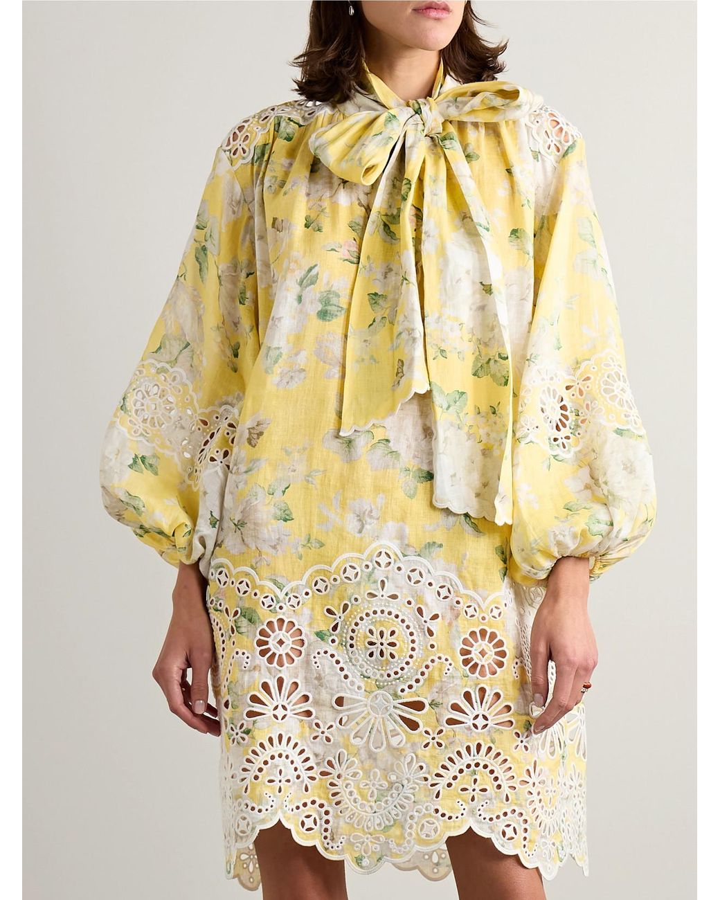 Zimmermann Acacia Tie-Neck Broderie Anglaise-Trimmed Floral-Print Linen Mini Dress in Metallic | Lyst Zimmermann Acacia Tie-Neck Broderie Anglaise-Trimmed Floral-Print Linen Mini Dress in Metallic | Lyst