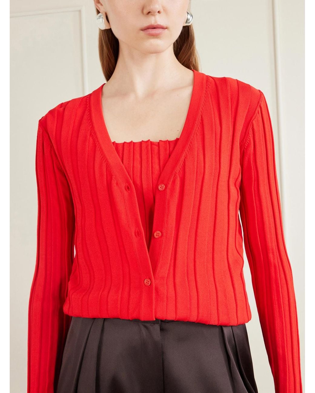 Staud Red Ezra Ribbed Jersey Cardigan