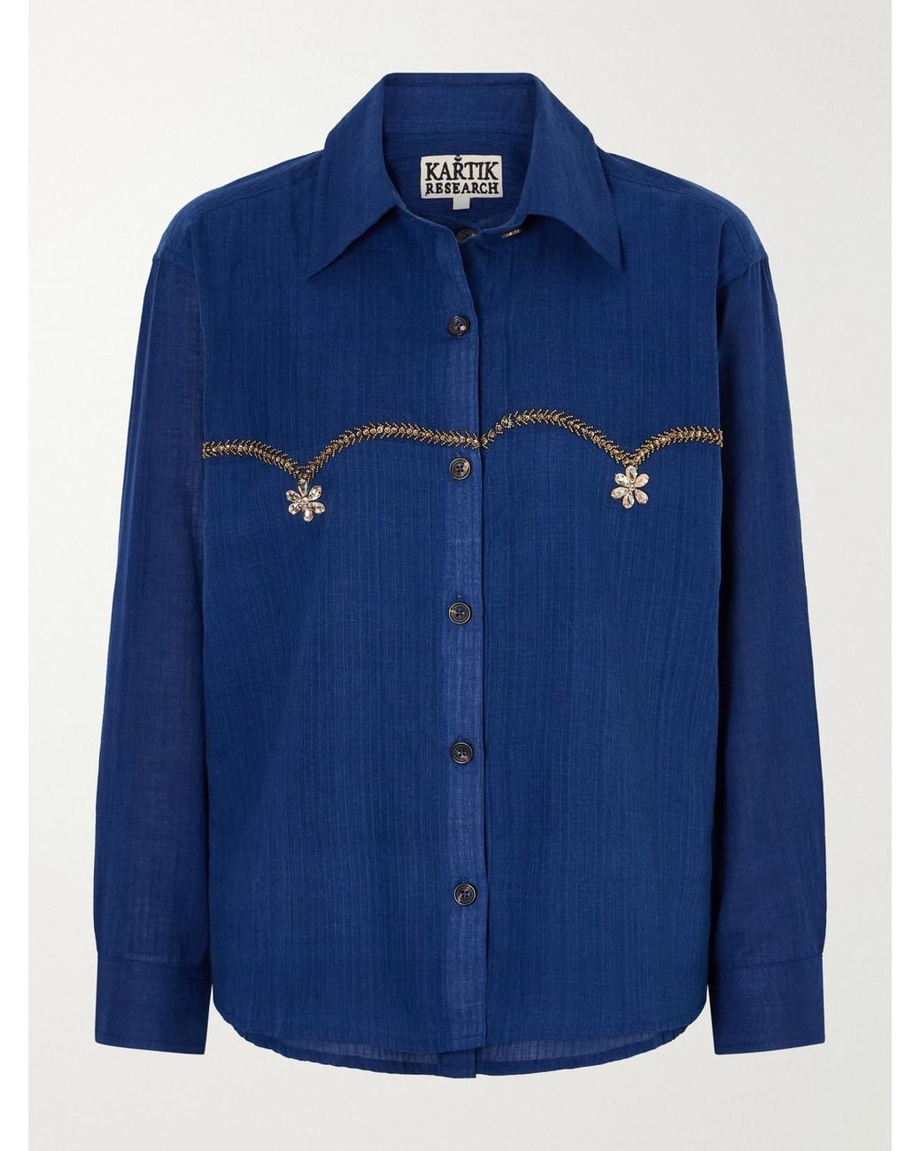 Kartik Research Blue Bead-Embellished Layered Striped Cotton Shirt